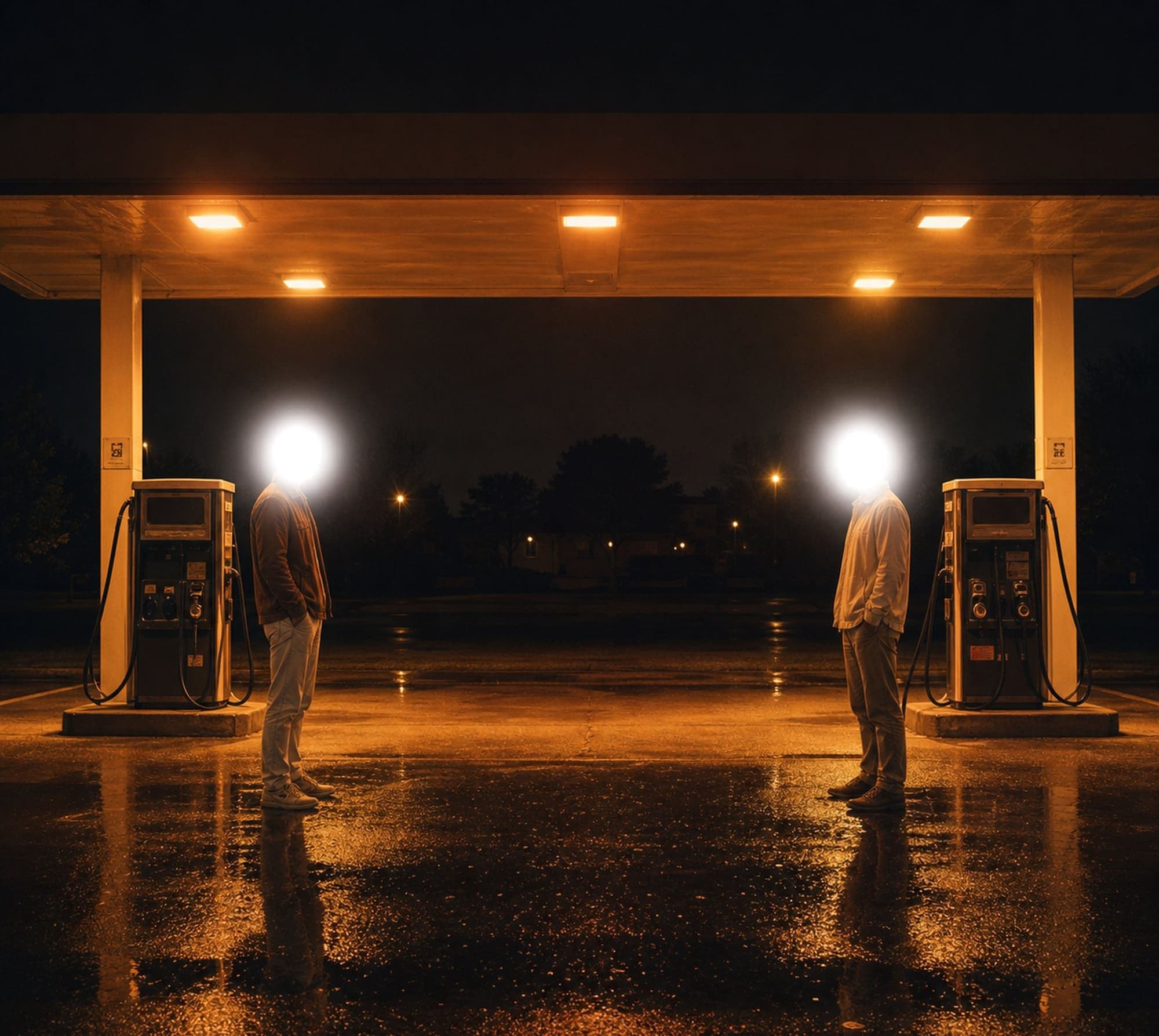 Two figures with glowing heads stand between gas pumps at a rain-soaked station at night, under warm amber light.