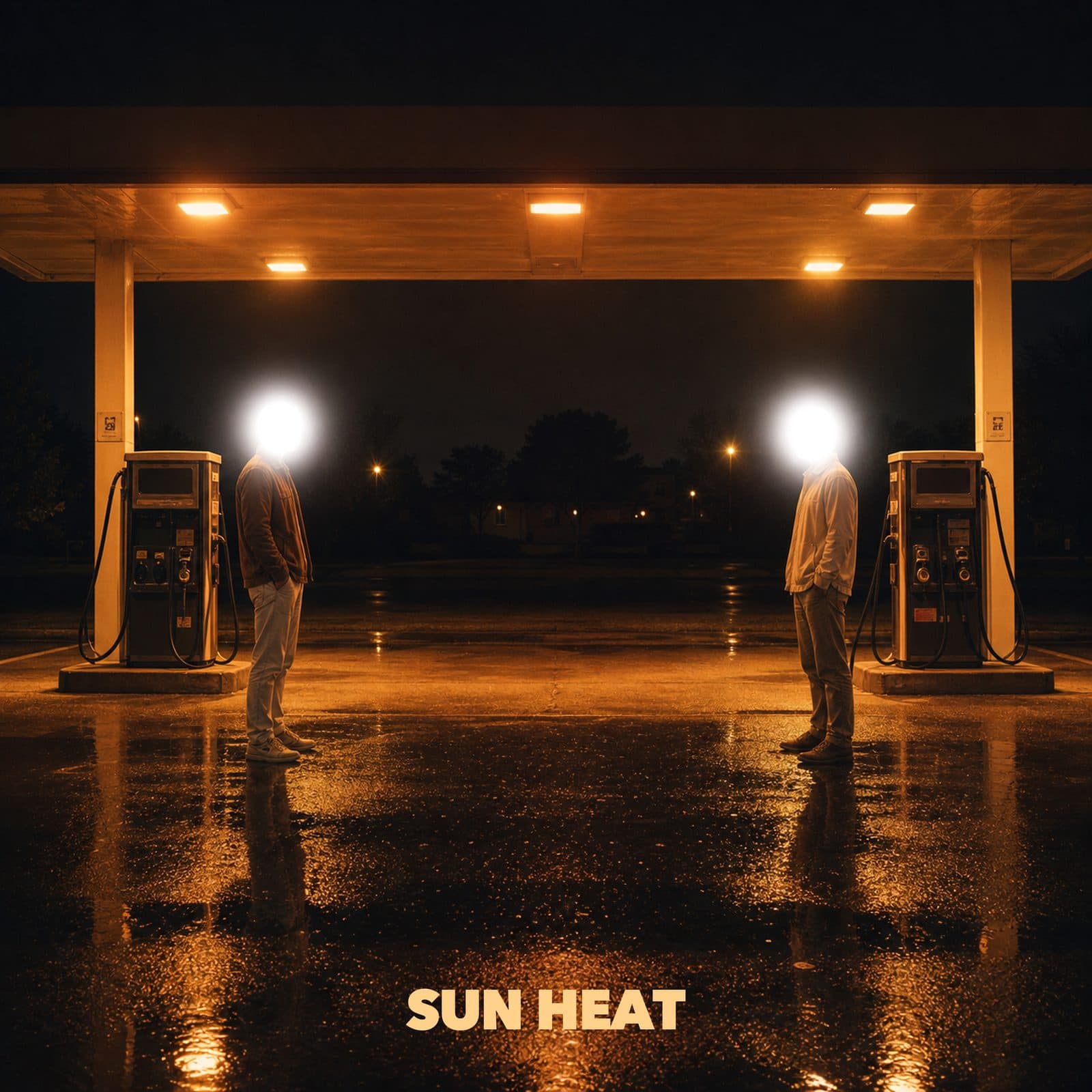 Two figures with glowing heads stand between gas pumps at a rain-soaked station at night, under warm amber light, with SUN HEAT along the bottom.